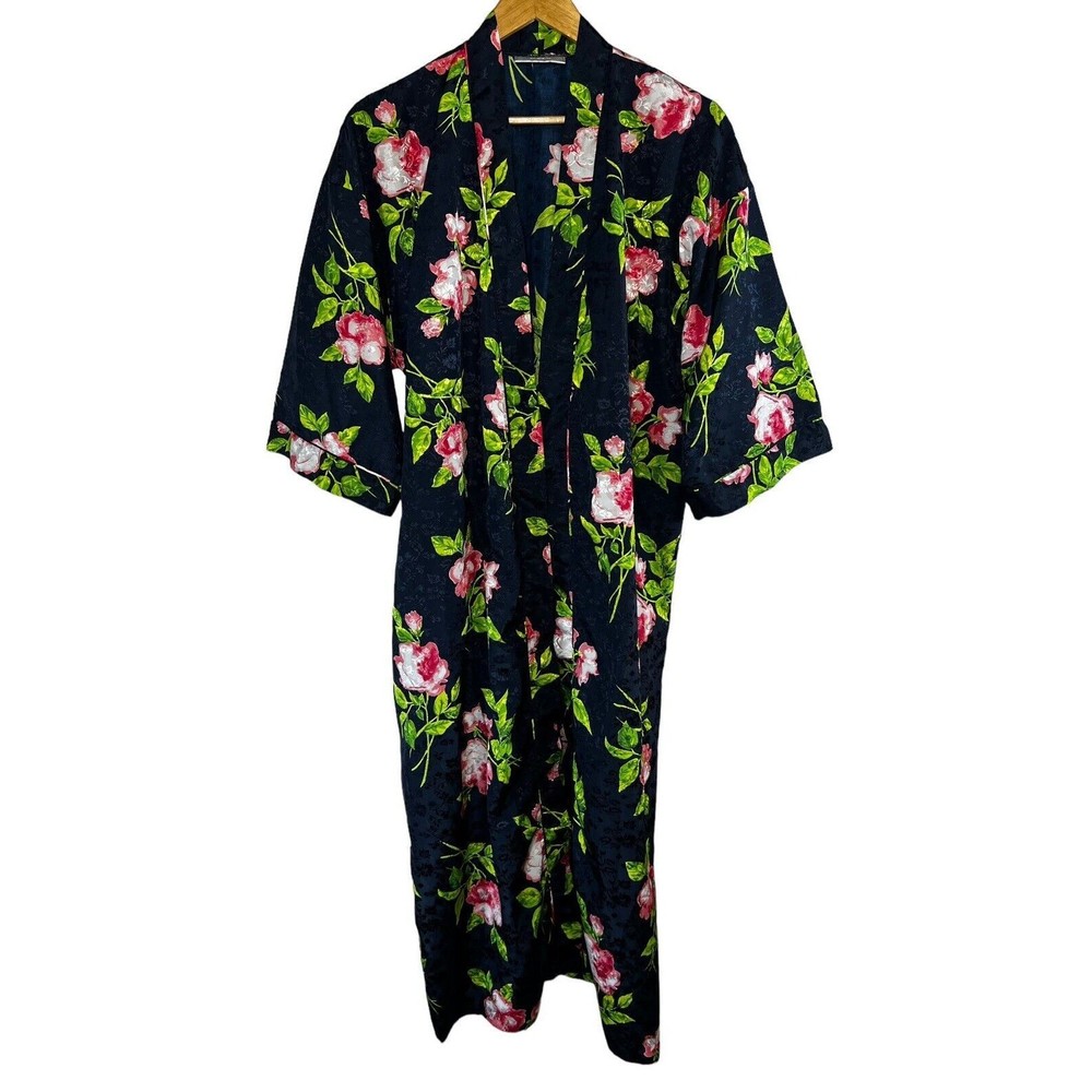 Erika Taylor Intimates Satin Kimono Navy Robe Floral Womens Size Medium *NO BELT